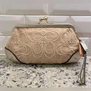 COACH Cream Woven Signature C Kisslock Clutch w/ Metallic Gold Leather Trim